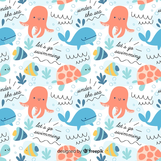 Motif Coloré D'animaux Et De Mots De Mer Doodle