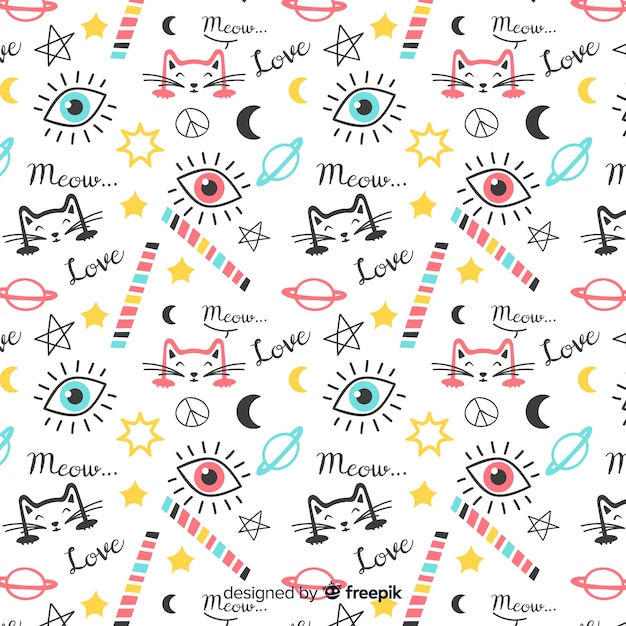 Motif Coloré De Chats Et Mots Doodle