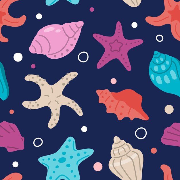 Vecteur un motif coloré avec des coquillages et des étoiles de mer