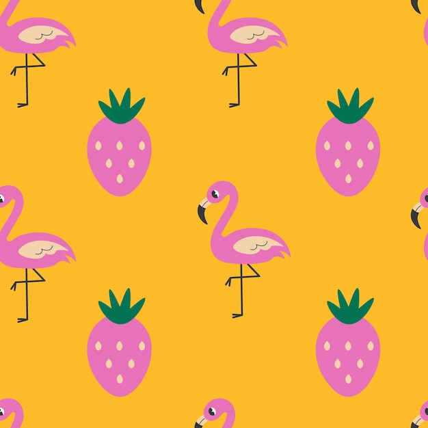 Le Motif Coloré Du Flamant Et De La Fraise Sans Couture Répète L'illustration Vectorielle