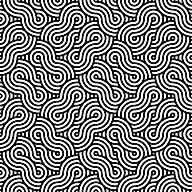 Un motif complexe et dense composé de lignes arrondies interconnectées en noir et blanc