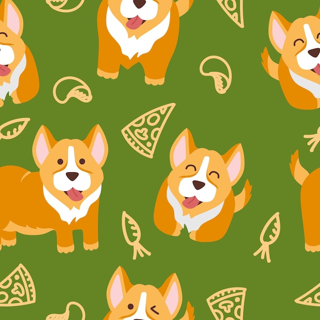 Motif Corgi Drôle Sur Une Illustration Vectorielle De Fond Vert Dans Un Style Plat Pour Une Utilisation Sur L'impression