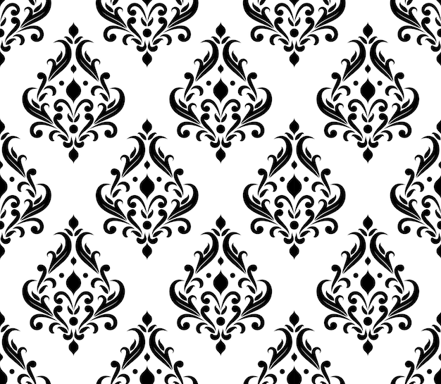Motif damassé, papier peint classique noir et blanc