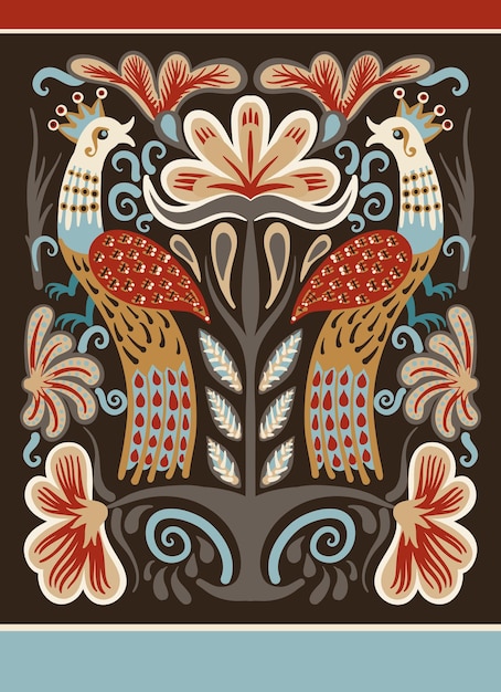 Motif Décoratif Ethnique Ukrainien Original Dessiné à La Main Avec Deux Oiseaux Et Fleurs Pour Tissu