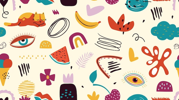 Motif décoratif moderne. Chat mignon, fruits et fond d'éléments abstraits contemporains. Texture transparente tendance vecteur coloré
