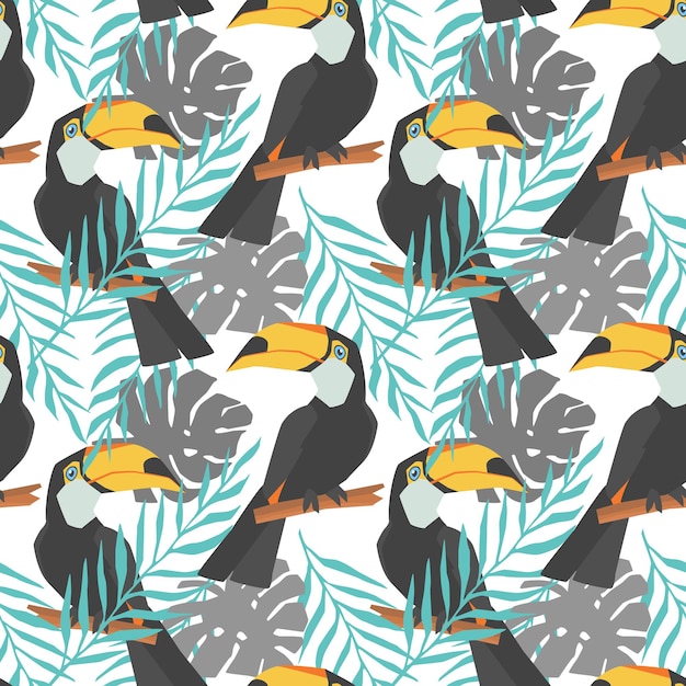 Vecteur motif décoratif sans couture avec toucan et feuilles tropicales images dessinées à la main tendance de la saison