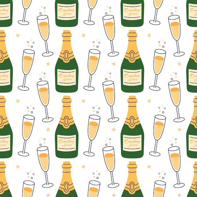 Vecteur motif de dessin animé de bouteille de champagne et de verres avec une boisson sur fond blanc