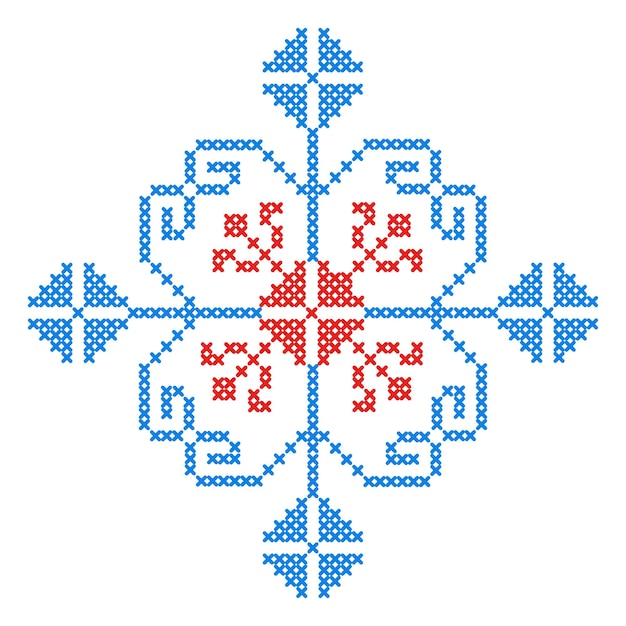 Motif De Diamant De Broderie Au Point De Croix Avec Des Fleurs Bleues Et Rouges Sur Fond Blanc