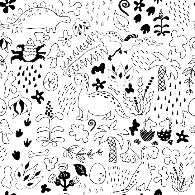 Vecteur motif dino fond vectoriel avec plantes préhistoriques de dinosaures taches oeufs blackwhite baby print