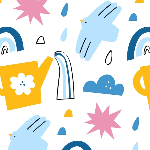 Motif de Doodle sans couture pour enfants avec un oiseau et un printemps arc-en-ciel papier numérique