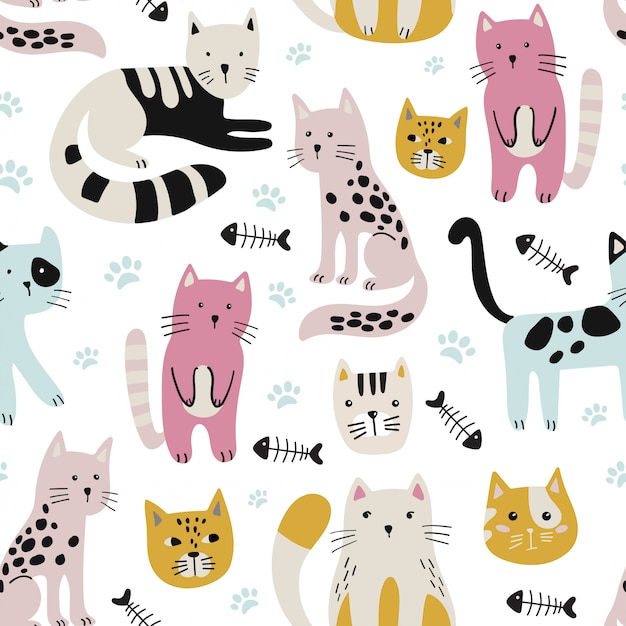 Motif enfantin sans couture avec des chats mignons.