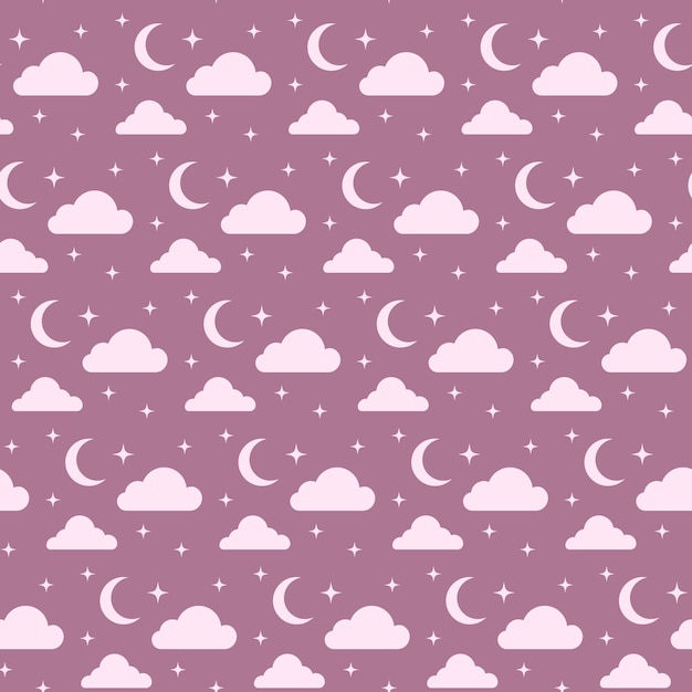 Motif enfants groovy sans couture. Nuages lune et étoiles rétro aux couleurs violettes Joli fond enfantin