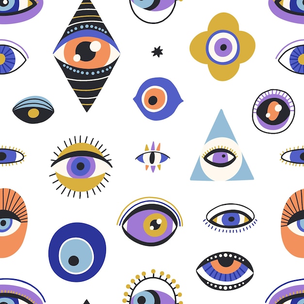 Motif ésotérique sans couture avec des globes oculaires mystiques sur fond blanc. Texture occulte avec des yeux maléfiques abstraits dans un style doodle. Illustration vectorielle plane colorée d'une toile de fond sans fin pour l'impression.