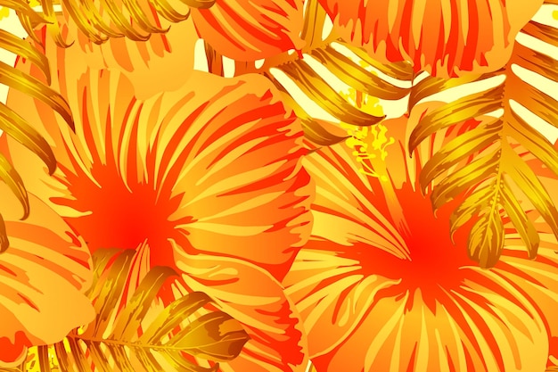 Vecteur motif exotique jaune orange. bouquet tropical de fleurs de monstera et d'hibiscus. grand imprimé floral saturé pour maillot de bain. conception de texture naturelle californienne horizontale. conception botanique hypernaturelle.