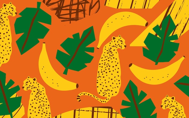 Vecteur motif de faune à la mode et moderne avec des bananes de léopards et des feuilles de conception d'illustration vectorielle