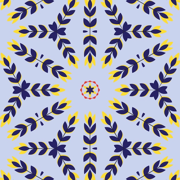 Un motif avec des feuilles bleues et jaunes et un cercle rouge au centre.