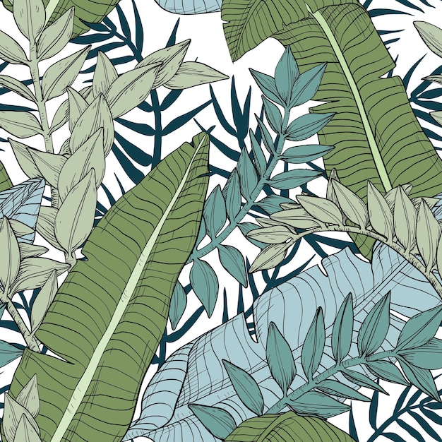 Vecteur motif de feuilles sans couture de jungle florale avec des plantes tropicales