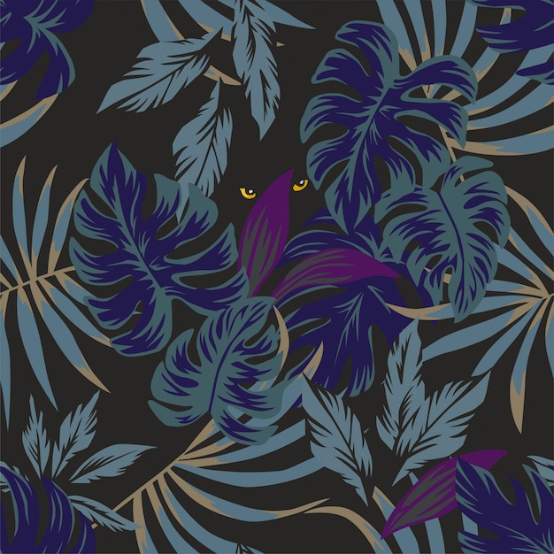 Vecteur motif de feuilles tropicales de nuit avec les yeux au milieu