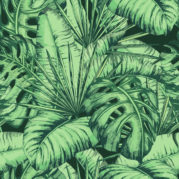 Motif de feuilles tropicales sans couture pour textile de mode, illustration vectorielle de ligne noire plante.
