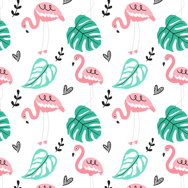 Motif Flamant Rose Avec Des Feuilles