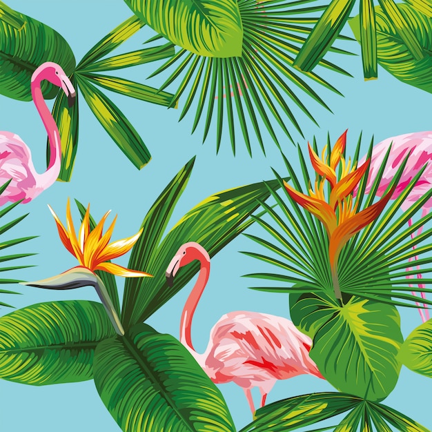 Motif de fleurs et de feuilles tropicales de flamant rose