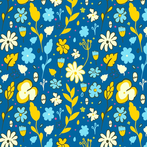 Vecteur motif de fleurs vectoriel continu dessiné à la main sur fond bleu