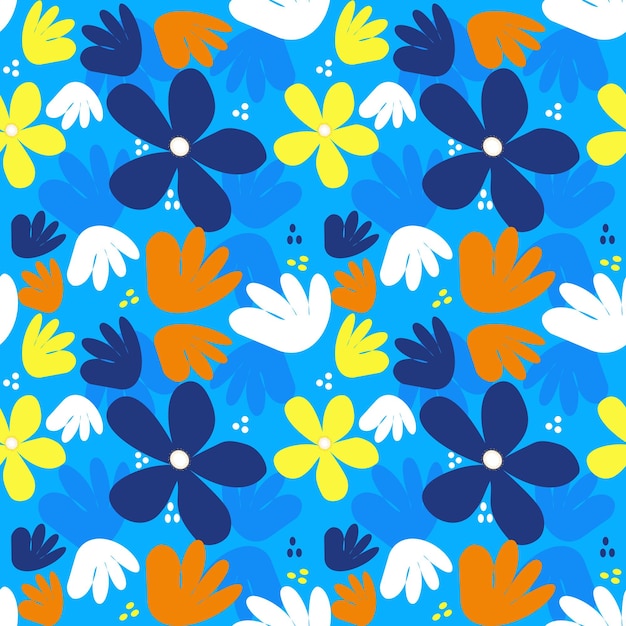 Un motif floral bleu et jaune avec des fleurs blanches.