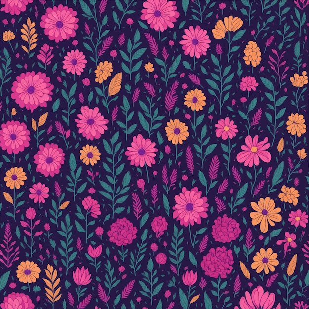 Un motif floral coloré avec des fleurs sur un fond sombre.