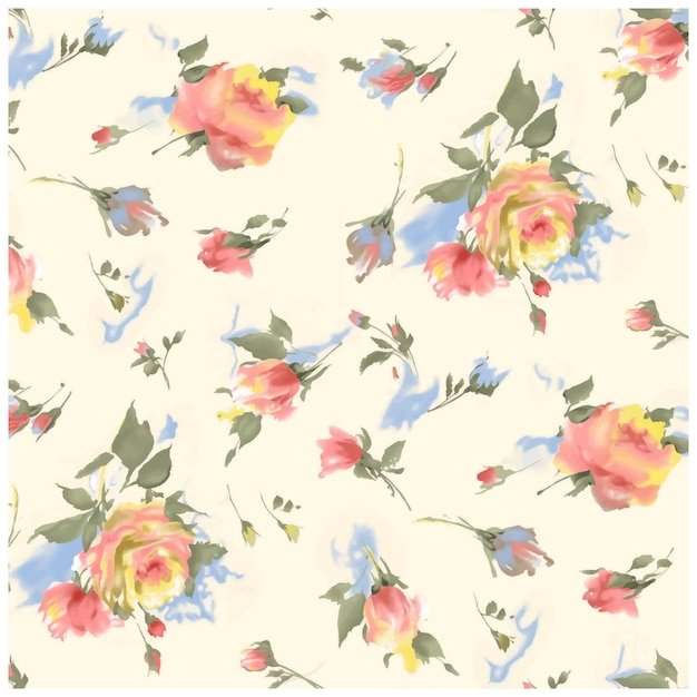un motif floral avec des feuilles bleues et des fleurs rouges