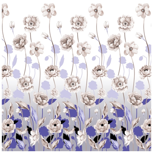 Un Motif Floral Avec Des Fleurs Blanches Et Bleues.