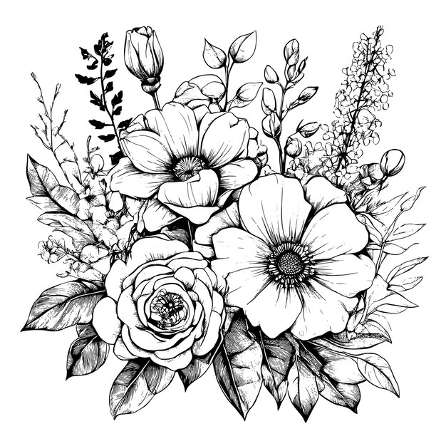 Motif Floral De Fleurs De Croquis Isolé Sur Fond Blanc