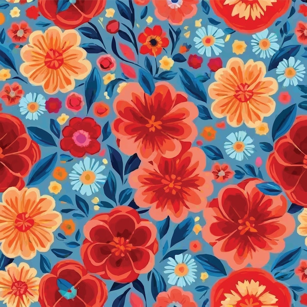 un motif floral avec des fleurs rouges et des feuilles bleues