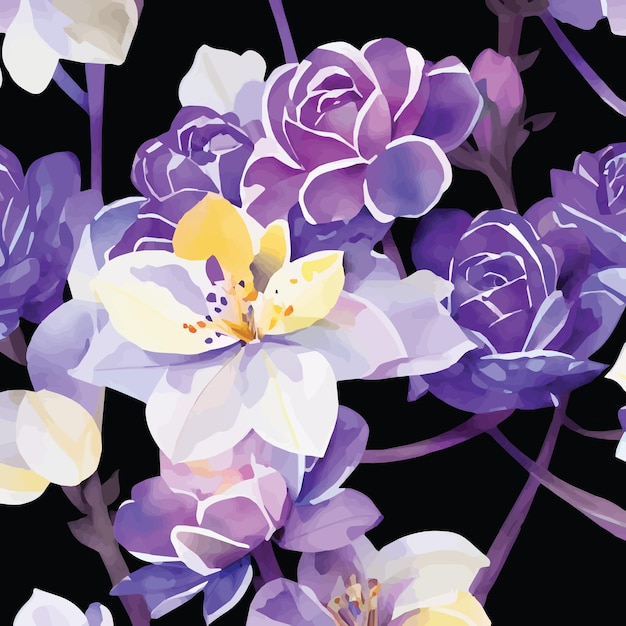 Un motif floral avec des fleurs violettes et jaunes et des pétales blancs.