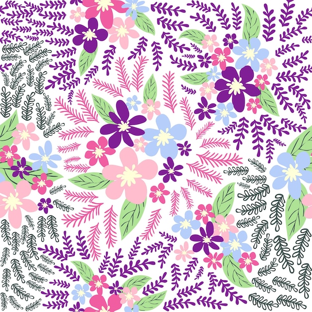 Motif floral harmonieux de fantaisie avec des fleurs et des feuilles bleu rose violet rouge orange Modèle élégant pour la mode