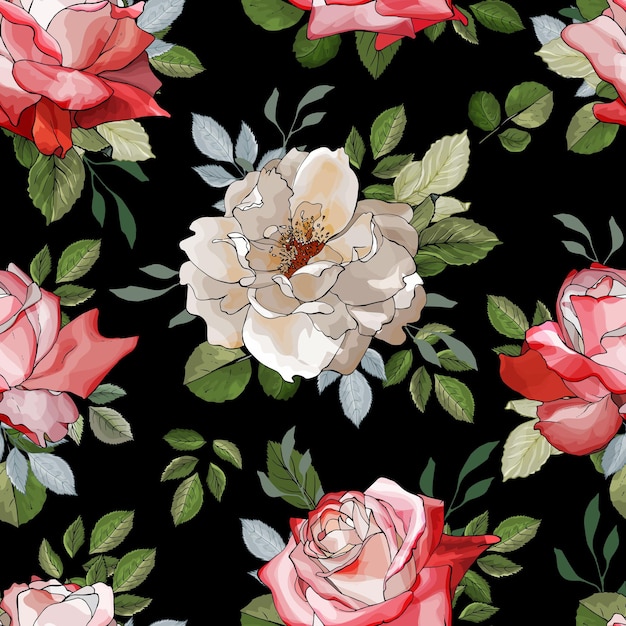 Motif Floral Harmonieux De Fleurs Roses Blanches Et Rouges Et Feuilles Vertes Sur Fond Noir