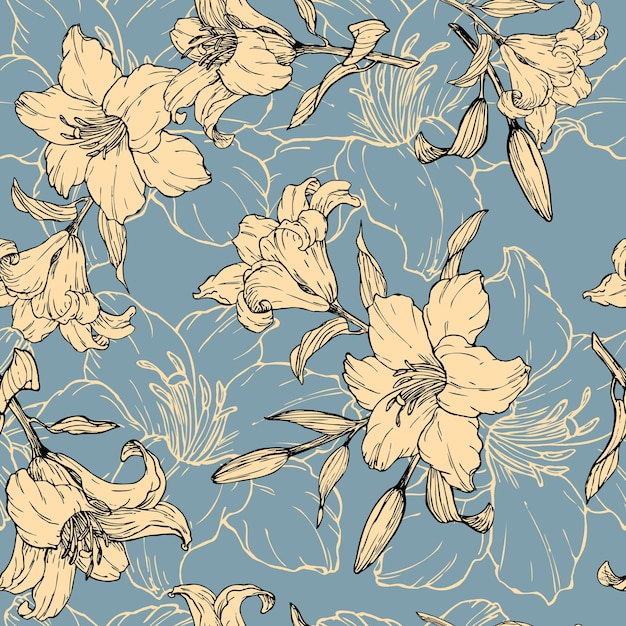 Motif floral harmonieux, fleurs vectorielles, lys dessinés à la main sur fond bleu.