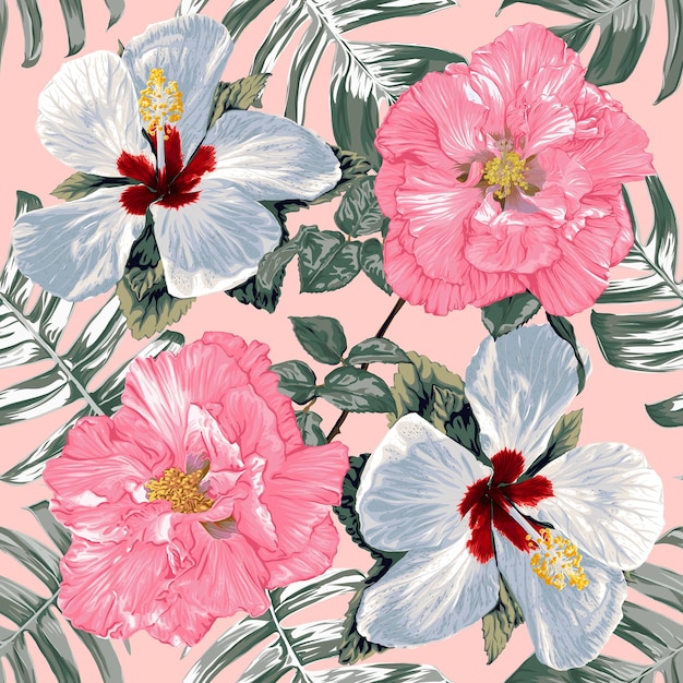 Vecteur motif floral harmonieux d'hibiscus et de fleurs de rose de coton sur fond abstrait