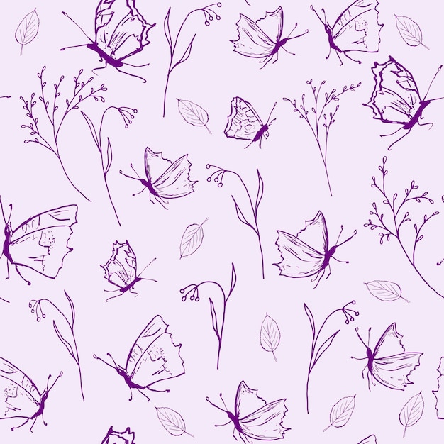 Motif floral de papillons dessinés à la main Style rétro vintage Modèle sans couture Illustration vectorielle