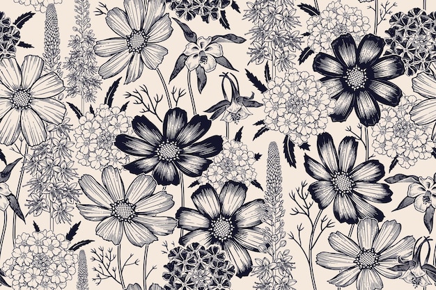 Motif floral de printemps sans couture noir et blanc Plantes à fleurs Vecteur vintage Fleurs de jardin mignon