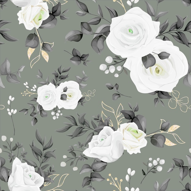 Un Motif Floral Avec Des Roses Blanches Sur Fond Gris.