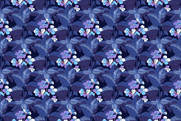 Motif Floral Sans Couture D'art. Blue Mattiola Incana Dans Le Feuillage Bleu D'un Hortensia. Fleurs De Jardin, Tiges, Feuilles Isolées Sur Fond Bleu Profond.