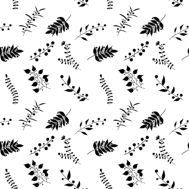 Motif floral sans couture avec des éléments vectoriels organiques dans des brunchs et des fleurs de feuilles grises et noires