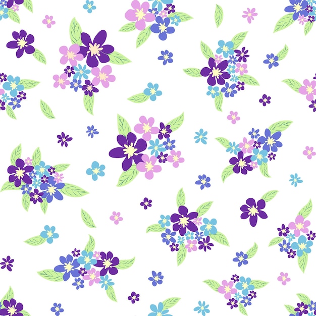 Motif floral sans couture avec fleur de camomille pourpre bleu lavande titian et feuilles sur fond pastel