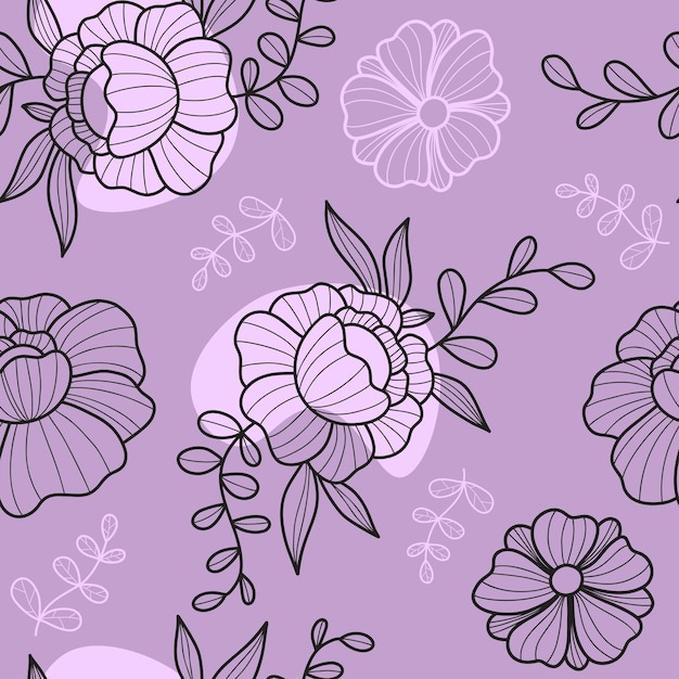 Motif floral sans couture avec fleur sur fond violet Modèle moderne avec plante linéaire dessinée à la main