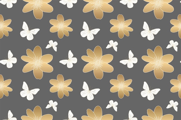 Vecteur un motif floral sans couture avec des fleurs dorées et des papillons blancs sur un fond gris foncé