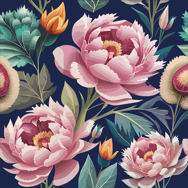 Motif Floral Sans Couture Avec Des Fleurs De Pivoine Roses De Jardin, Des Feuilles, Des Branches, Des Carreaux Botaniques Sur Une Tuile Colorée