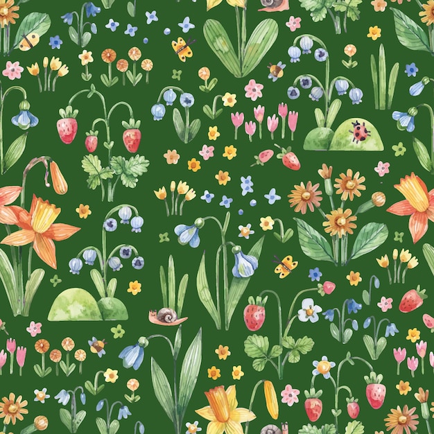 Vecteur motif floral sans couture avec des fleurs de printemps et des baies dans le style des enfants