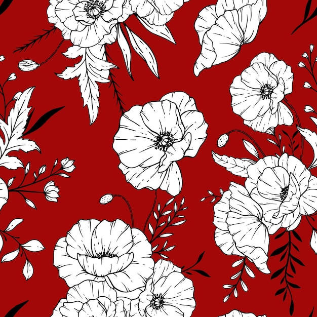 motif floral sans couture fond de fleur de pavot fleurs de pavot et verdure dessin de ligne à la main