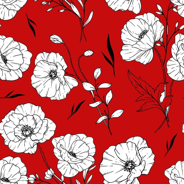 motif floral sans couture fond de fleur de pavot fleurs de pavot et verdure dessin de ligne à la main