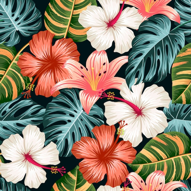 Motif floral sans couture avec fond tropical de feuilles